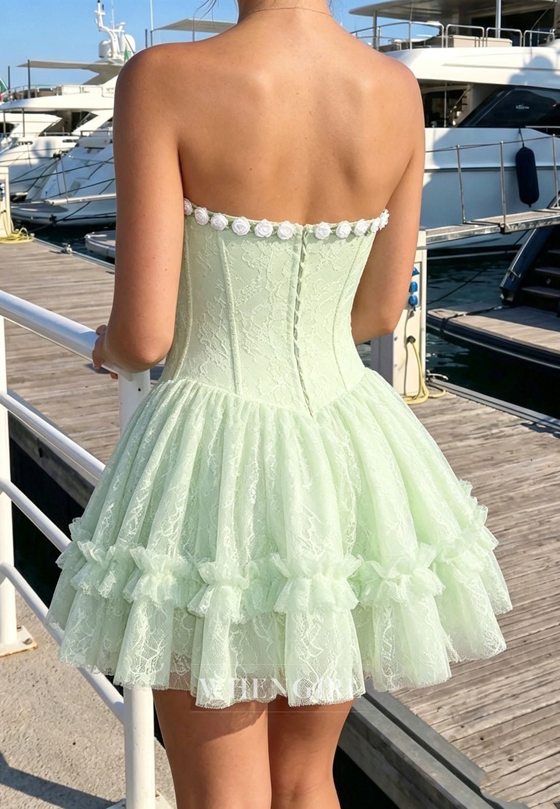 Strapless Lace Corset Mini Dress with 3D Flowers
