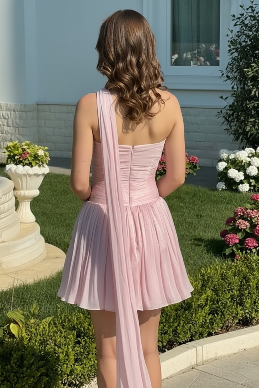 Strapless Metallic Mini Dress with Attached Shawl Scarf