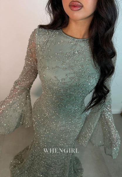 Bell Sleeve Beaded Lace Mermaid Gown with Train