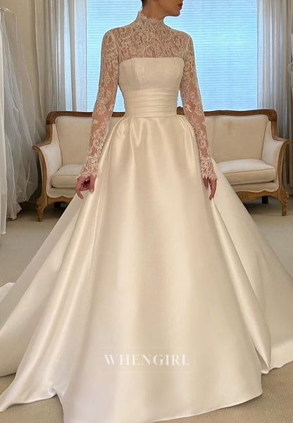 High Neck Lace Long Sleeve Satin Ball Gown Wedding Dress
