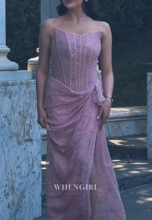 Strapless Beaded Corset Lace Gown with High Slit