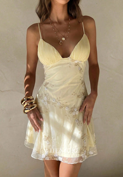 Floral Embroidered Pleated Bust Mini Dress