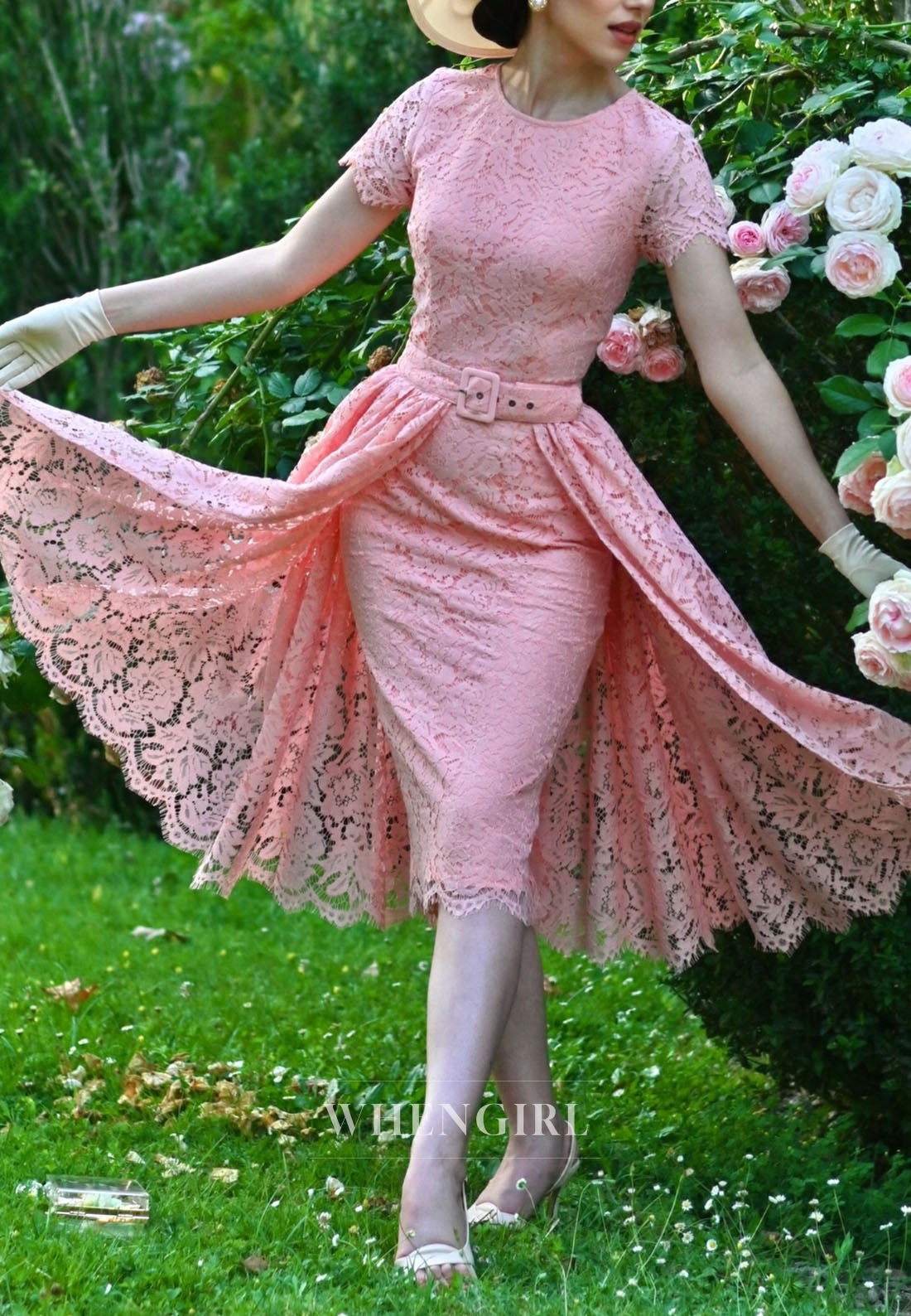 Lace Midi Dress with Overskirt and Belt