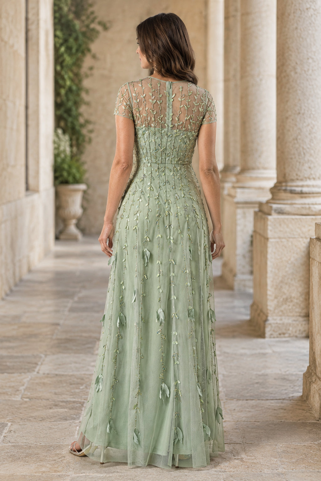 Beaded Illusion A-Line Maxi Dress with Sleeves