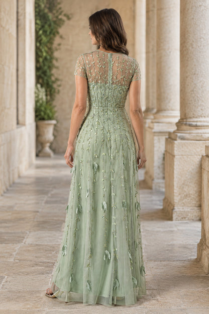 Beaded Illusion A-Line Maxi Dress with Sleeves