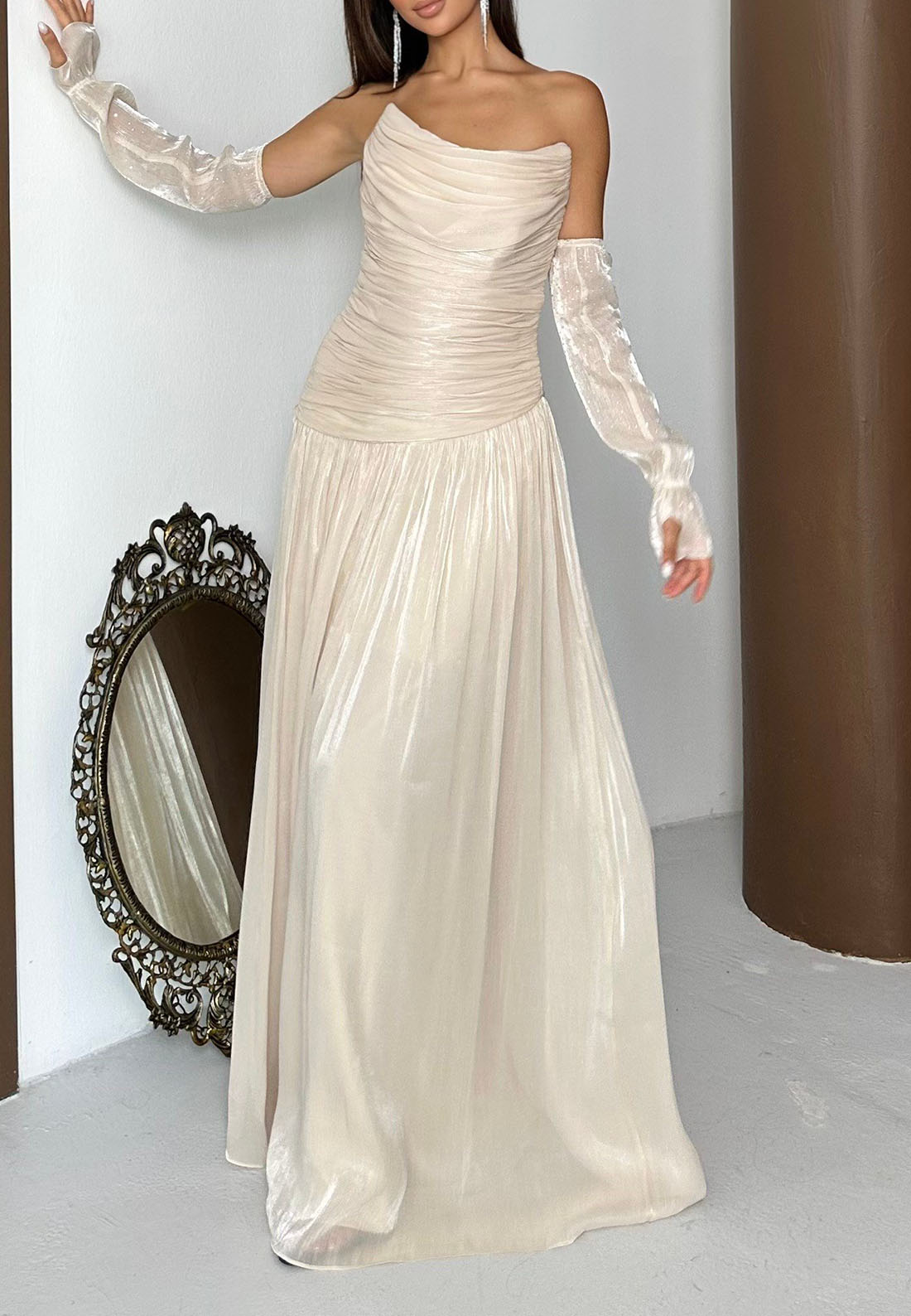 Ruched Strapless Maxi Gown with Sleeves