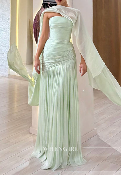 Strapless Pleated Evening Gown with Convertible Cape