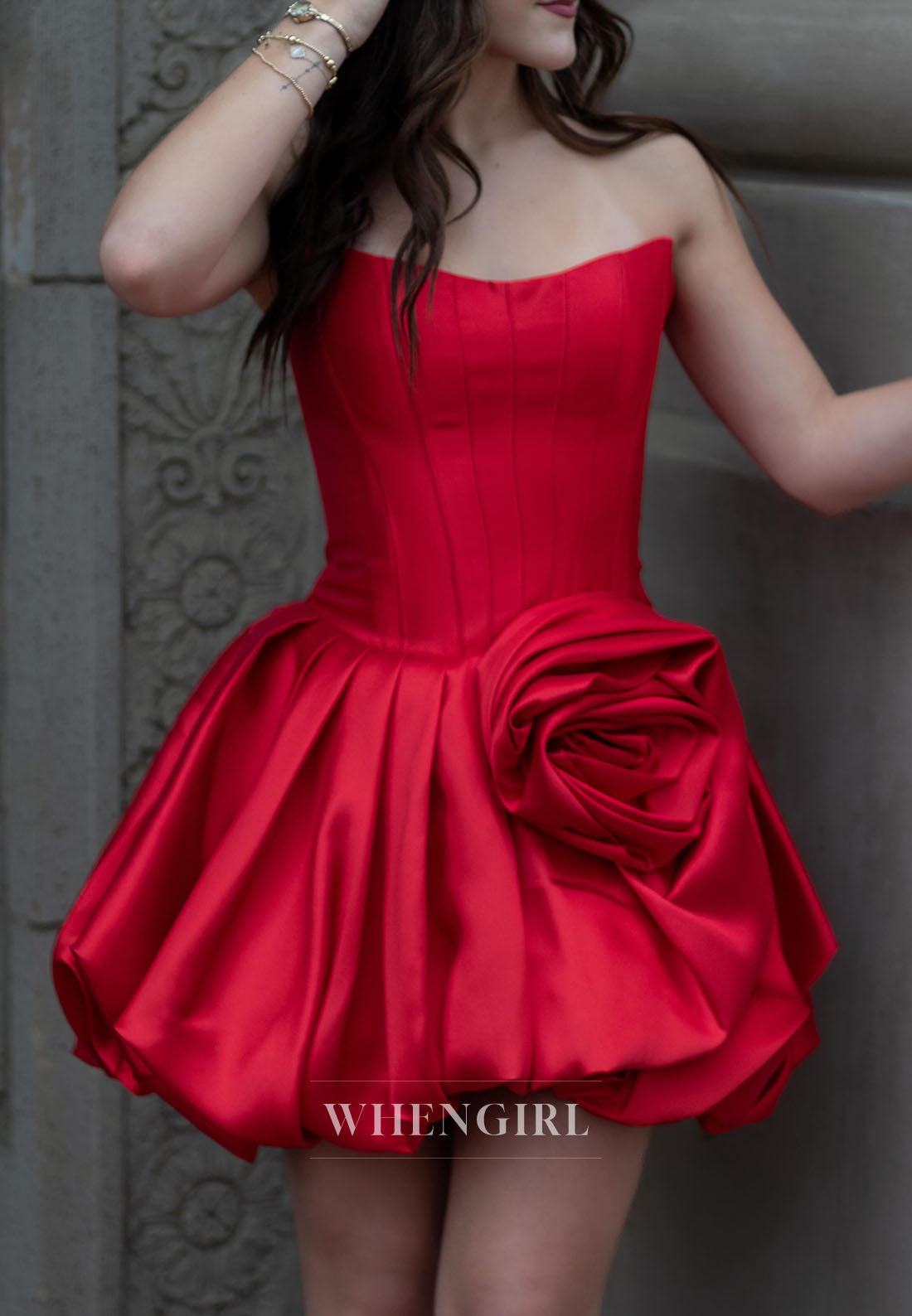 Strapless Corset Bubble Mini Dress with 3D Flower