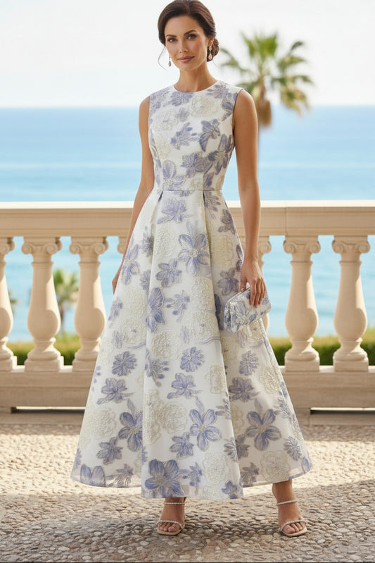 Floral Jacquard Sleeveless A-Line Tea-Length Dress