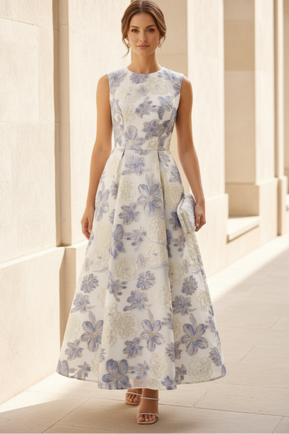 Floral Jacquard Sleeveless A-Line Tea-Length Dress