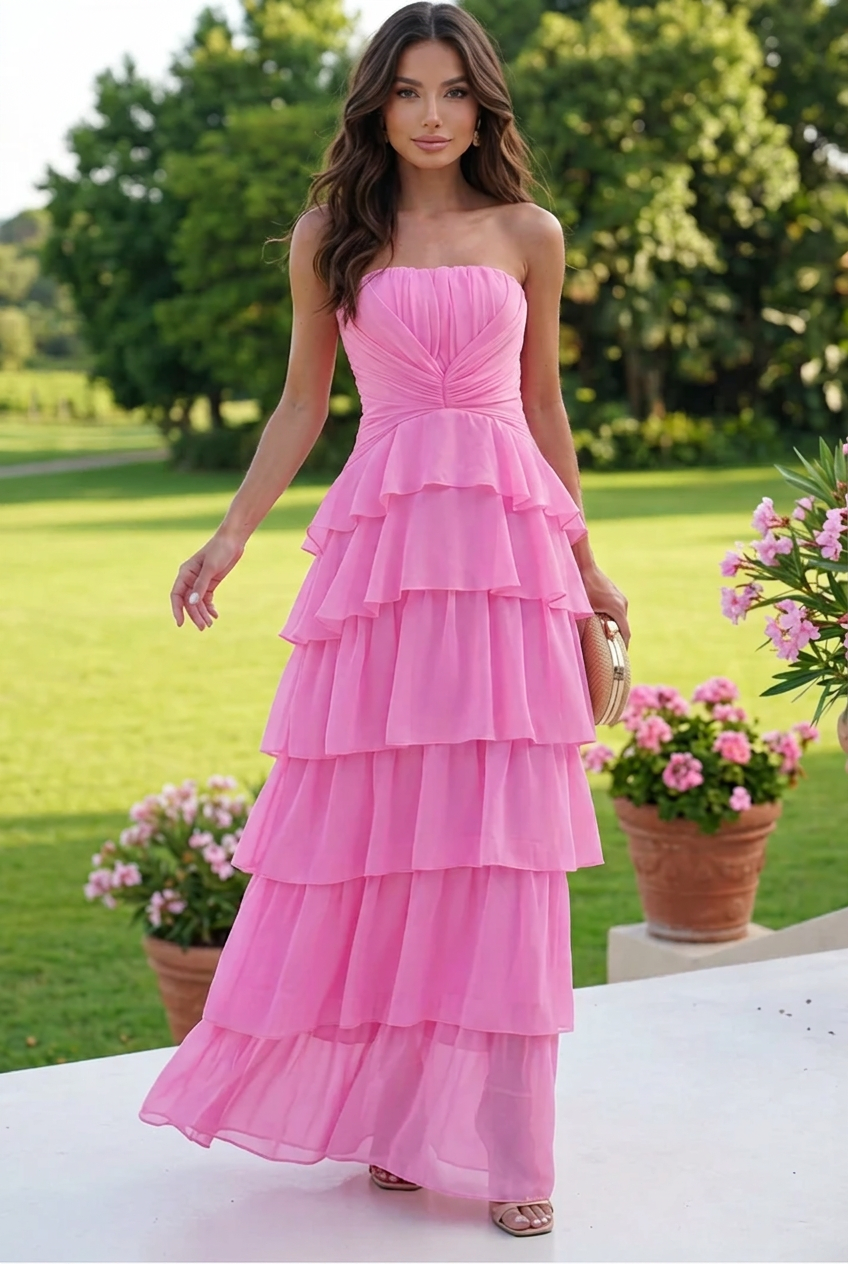Strapless Ruched Tiered Maxi Dress