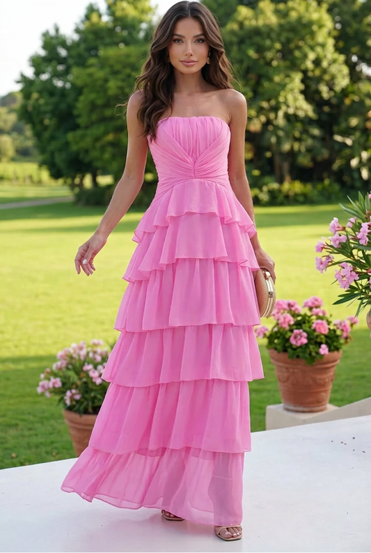 Strapless Ruched Tiered Maxi Dress