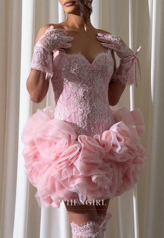 Sweetheart Lace Corset Ruffled Mini Dress