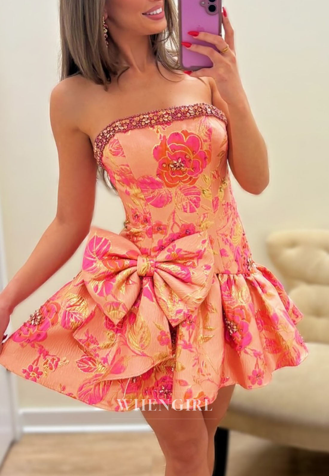 Strapless Floral Jacquard Mini Dress with Bow