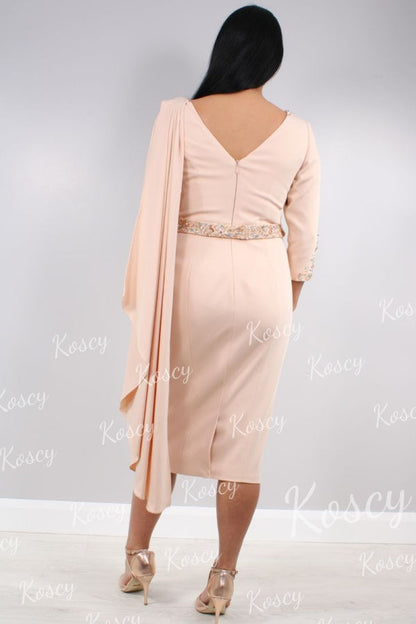 Beaded Drape Sheath Dress with 3/4 Sleeves