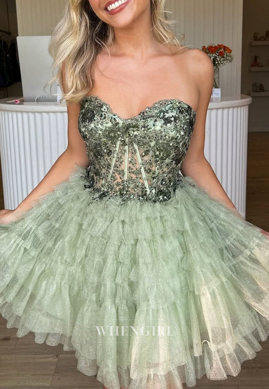 Strapless Sequin Bodice Tiered Tulle Homecoming Dress