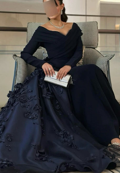 Off-Shoulder Long Sleeve Gown with 3D Florals