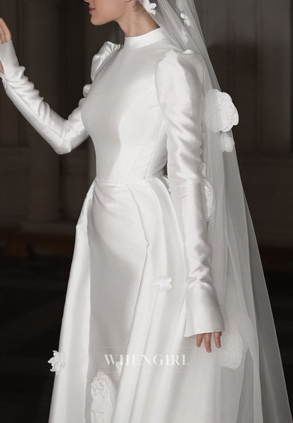 High Neck Satin Wedding Dress with 3D Flowers