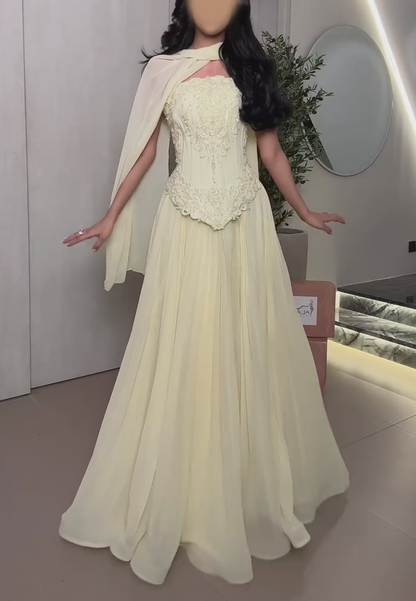 Embroidered Corset Gown with Draped Cape