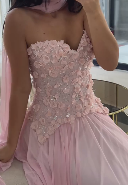 3D Floral Corset Floor-Length Dress with Shawl