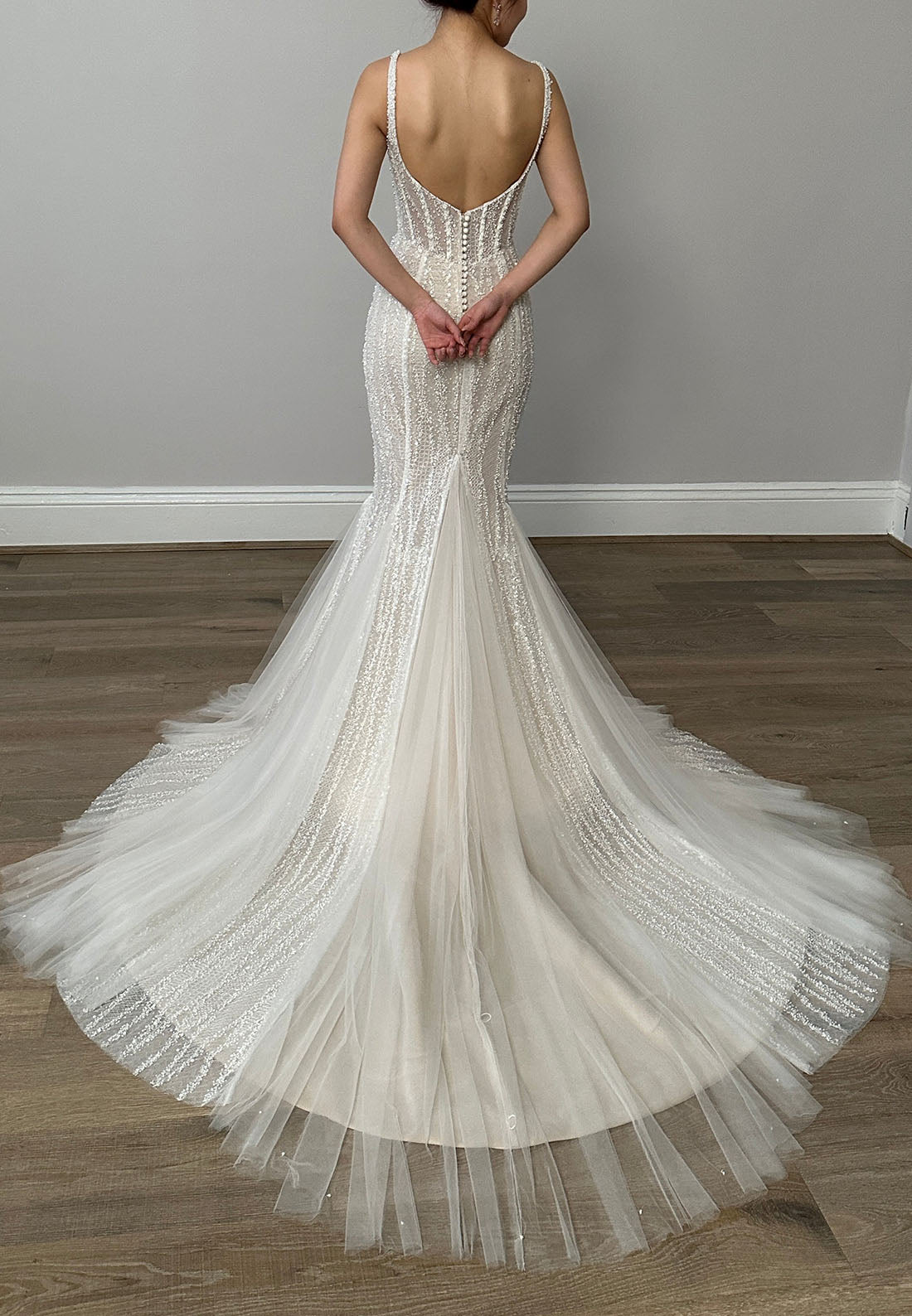 Beaded Mermaid Wedding Dress with Slit and Tulle Train