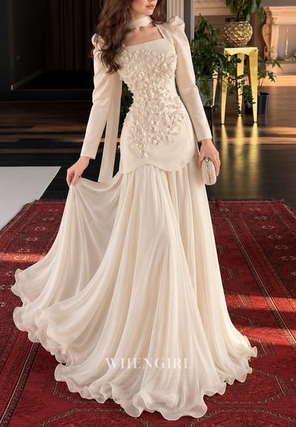 Floral Applique Peplum Gown with Chiffon Skirt
