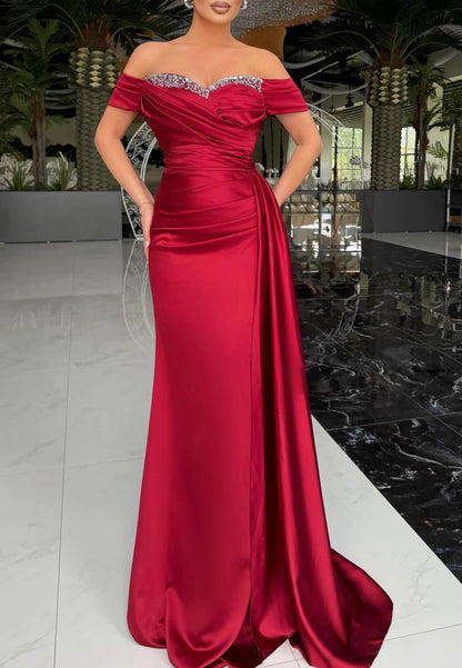 Off-Shoulder Ruched Satin Gown with Beaded Trim