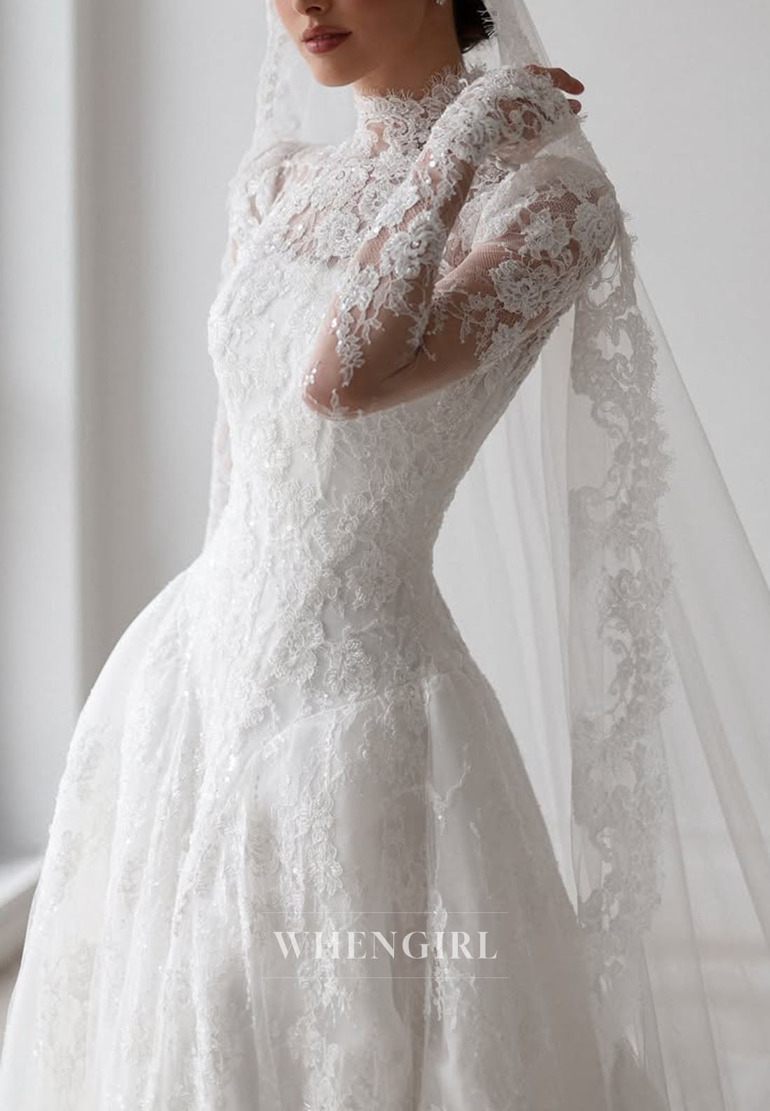 High Neck Lace Long Sleeve Wedding Dress