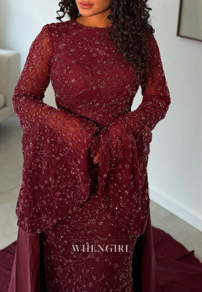 Bell Sleeve Beaded Lace Mermaid Gown with Train