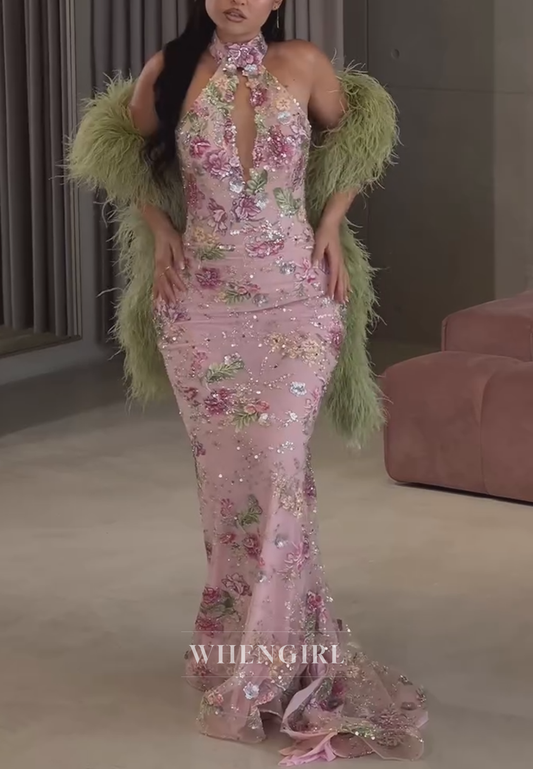 Floral Embroidered Halter Mermaid Gown （without Cape)