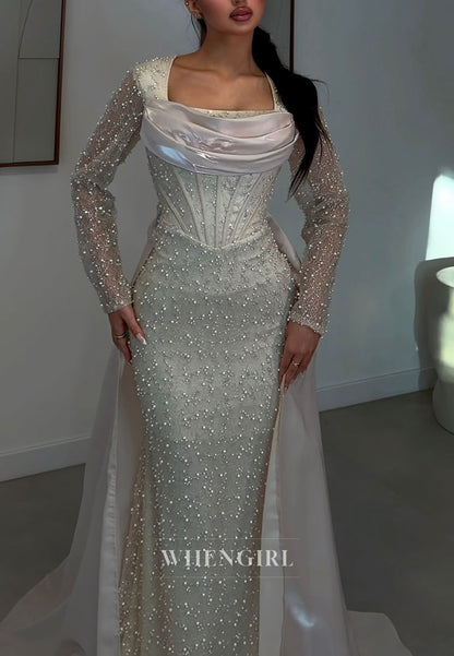 Pearl Beaded Corset Mermaid Gown with Overskirt