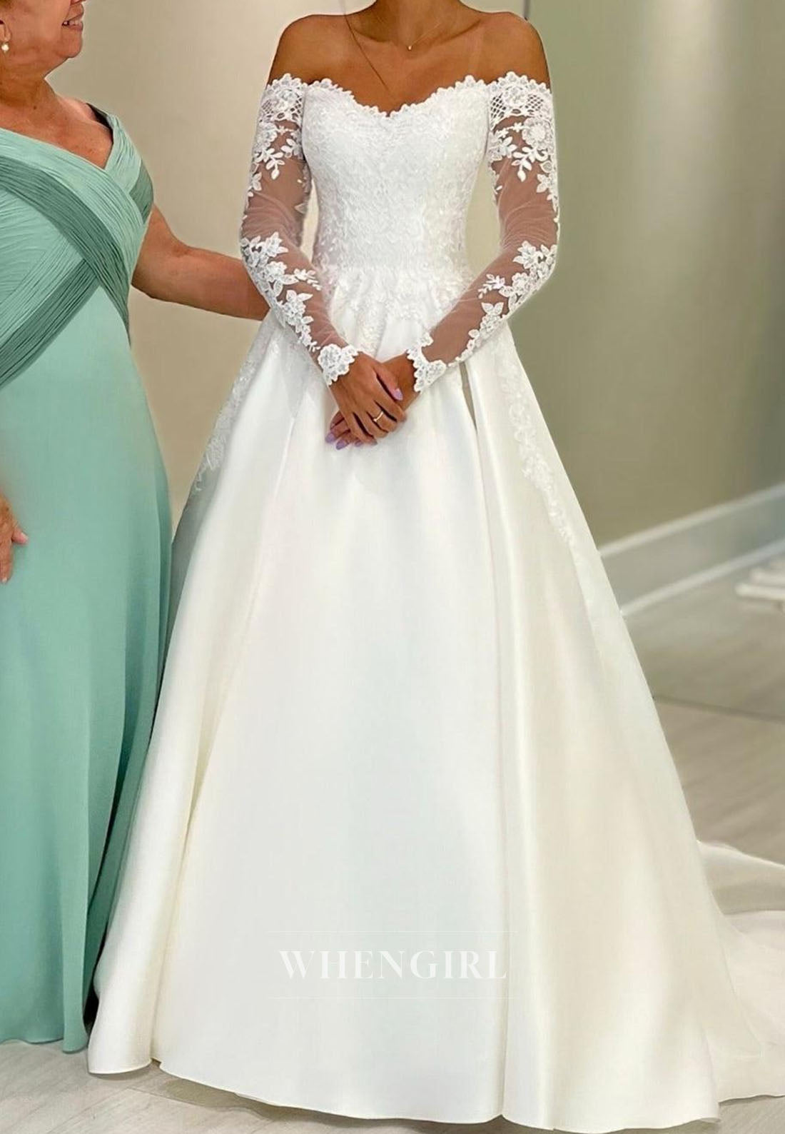 Off-the-Shoulder Lace Sleeve A-Line Bridal Gown