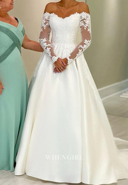 Off-the-Shoulder Lace Sleeve A-Line Bridal Gown