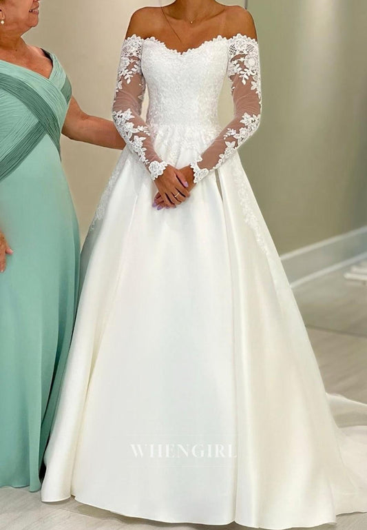 Off-the-Shoulder Lace Sleeve A-Line Bridal Gown