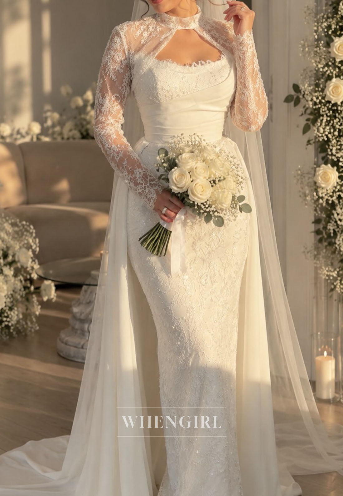 Lace Mermaid Wedding Dress with Overskirt