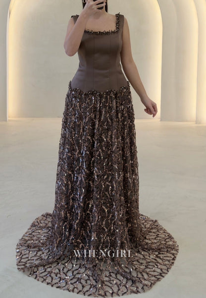 Square Neck Dropped Waist Sequin Evening Gown