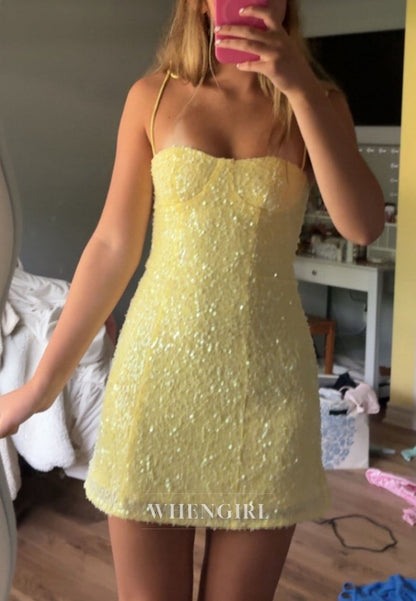 Sequin Mini Dress with Sweetheart Neckline & Halter Straps
