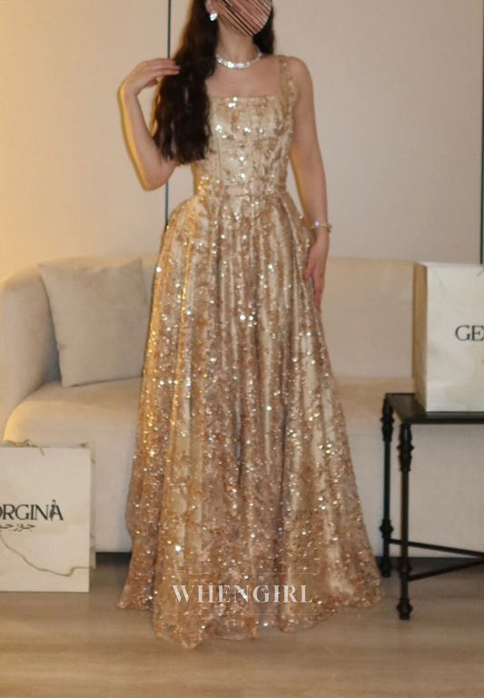 Sequin Square Neck A-Line Gown with Low Back