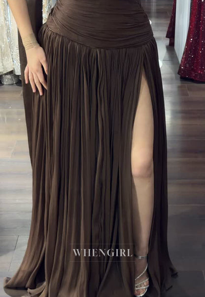 Strapless Ruched Maxi Dress with Neck Scarf and Slit