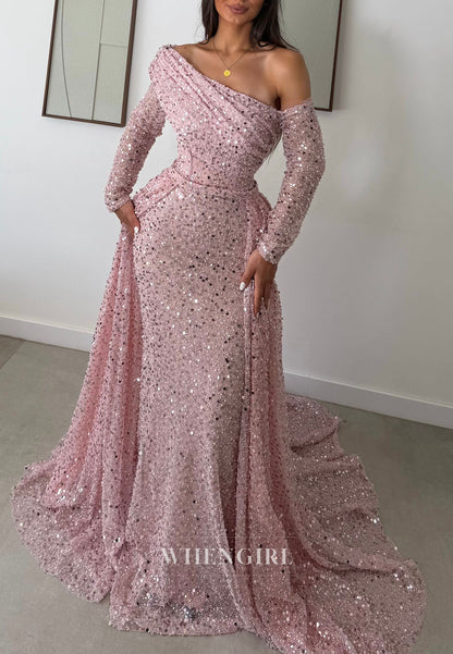 Sequined Off-the-Shoulder Gown with Overskirt