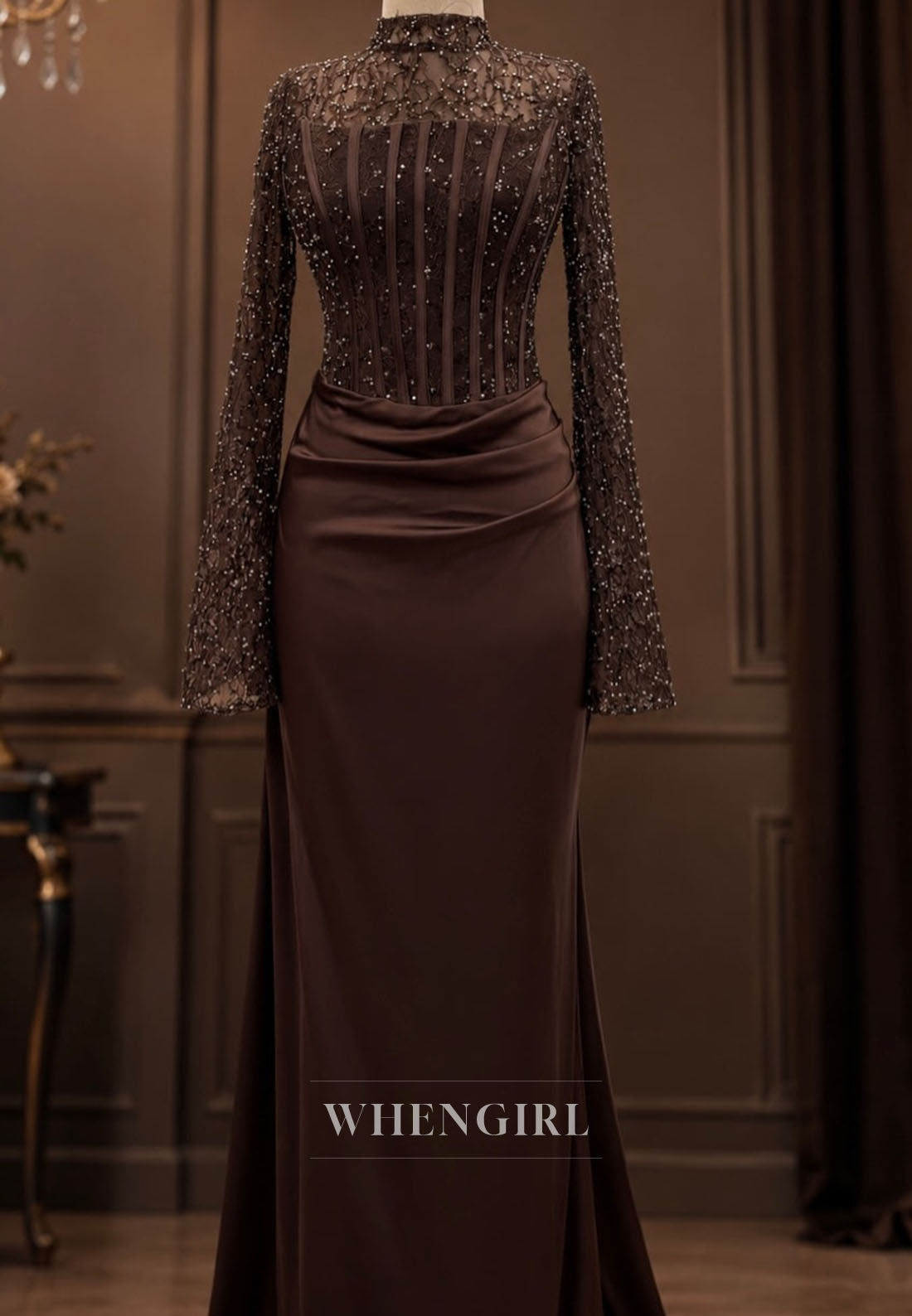 Sequined Long Sleeve Corset Satin Evening Gown