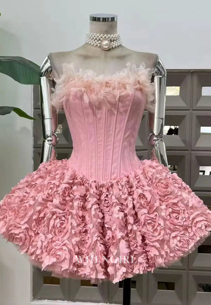 Strapless Corset Mini Dress with 3D Floral Skirt