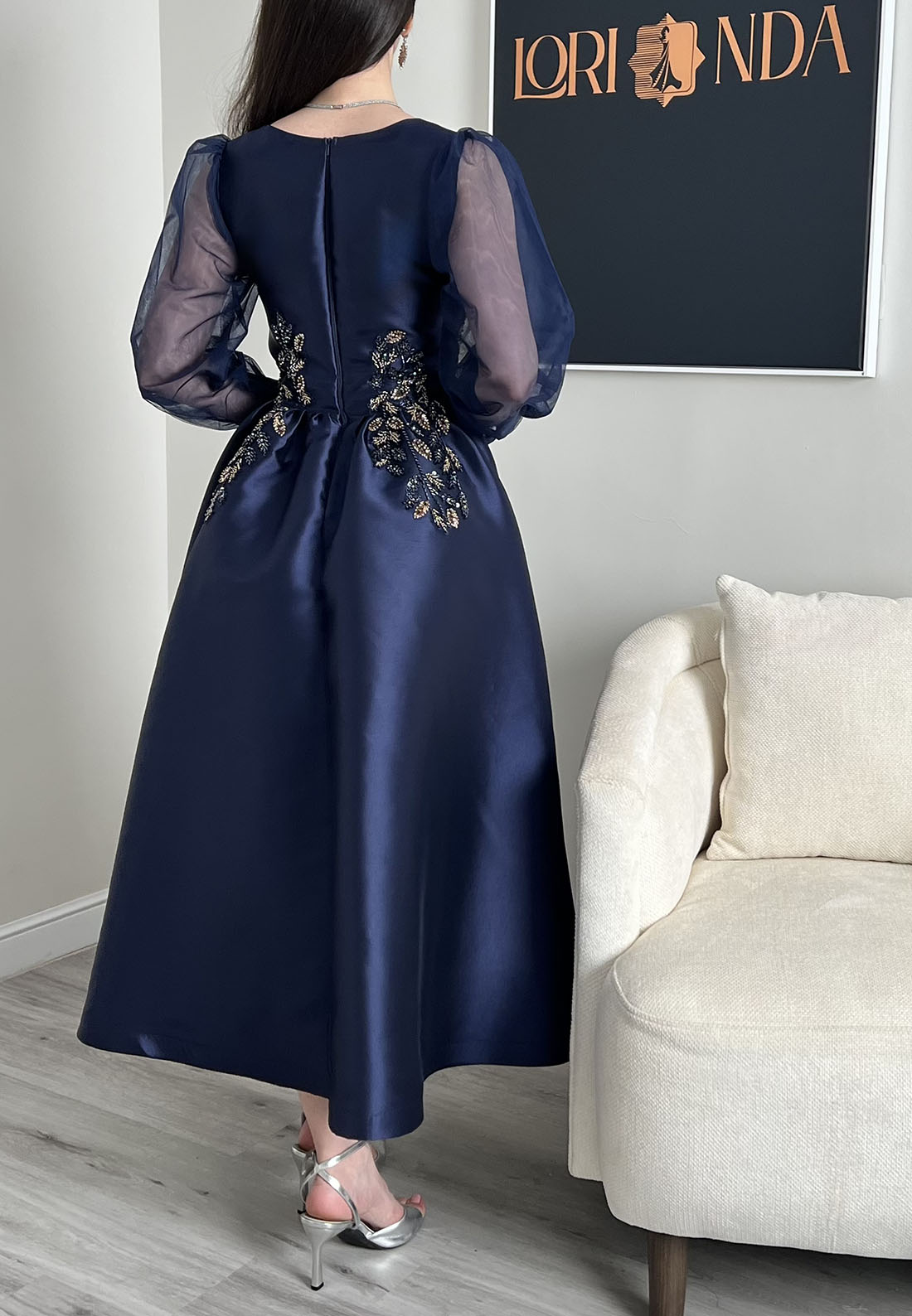 Beaded Waist A-Line Tea-Length Dress with Sheer Sleeves