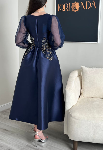 Beaded Waist A-Line Tea-Length Dress with Sheer Sleeves