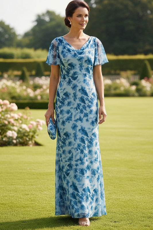 Cowl Neck Flutter Sleeve Floral Maxi Dress