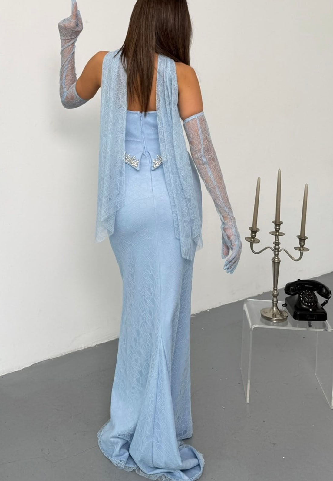 Embellished Corset Lace Gown with Gloves