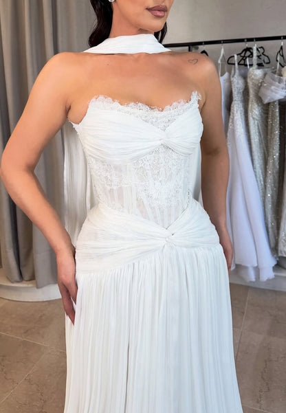 Corset Pleated Wedding Dress with Neck Scarf