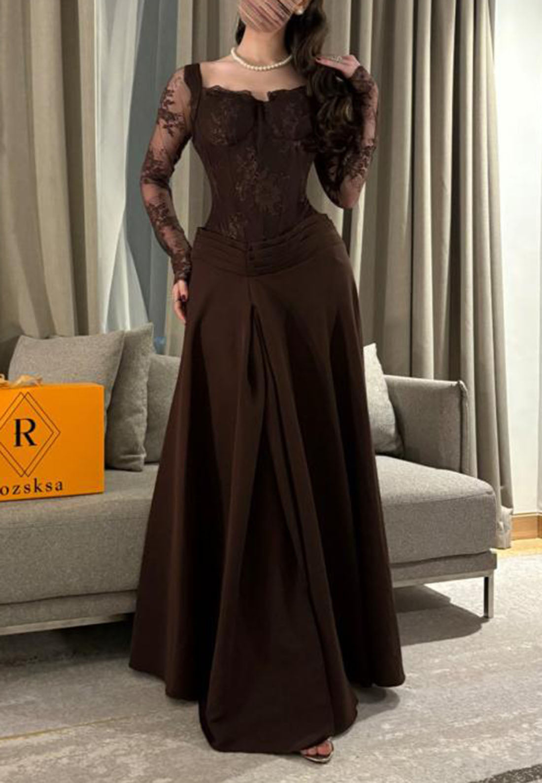 Lace Corset Long Sleeve A-Line Evening Gown