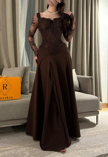 Lace Corset Long Sleeve A-Line Evening Gown