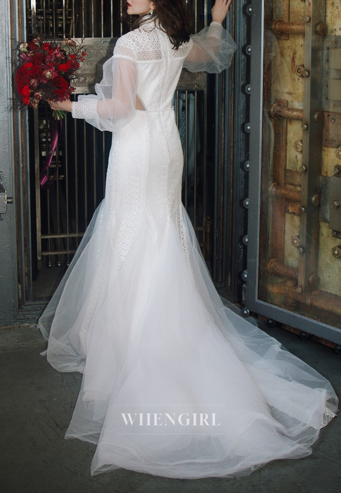 Mermaid Long Sleeves High Neck Sweep Train Lace Boho Wedding Dress